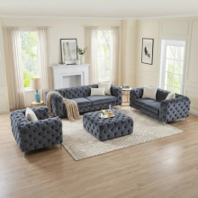 (Steel, 3+2 Seater) Luxury 3+2 Velvet Sofa Set Monaco Chesterfield Settee Lounger Loveseat Couch Set