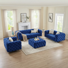 (Blue, 5 Seater Corner) Luxury 3+2 Velvet Sofa Set Monaco Chesterfield Settee Lounger Loveseat Couch Set