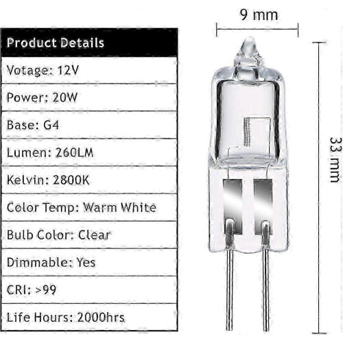 Λαμπτήρες αλογόνου g4 20w 12v, θερμό λευκό 2800k, ρυθμιζόμενης φωτεινότητ 1