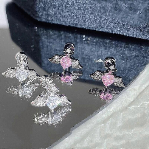 Orecchini a forma di cuore con strass e ali, perfetti per lo stile punk e come regalo per le donne. 2