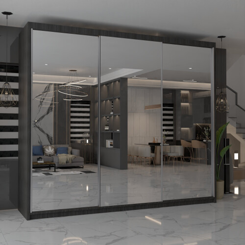 MN Furniture (Wenge,  250cm ) Modern Triple Mirrored Sliding Wardrobes