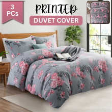 (Grey Bouquet, King) Reversible Microfiber Quilt Duvet Cover Bedding Set Single Double King Super King Size with Pillowcases