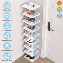 Vertical Shoe Rack Plastic 9-Tier Tall Narrow Blue