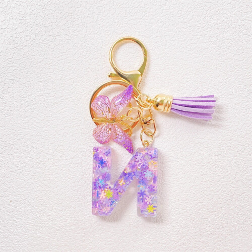 N Initial Keychain for Women Purple Tassel