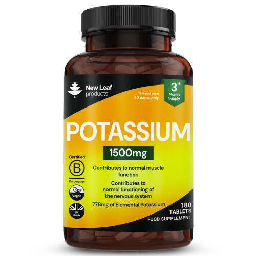 New Leaf Product Potassium Supplements 1500mg P/S - 180 Vegan Active Potassium Tablets Blood Pressure Muscle & Nerve Support Supplements
