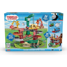 Thomas & Friends Trains & Cranes Super Tower,|2.5 ft tall multi-level playset,motorized Thomas + Percy + Harold, 63 pieces, 2x AAA batteries Required