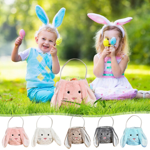 Easter Bunny Basket Tote Bag Canvas Plaid Handle 23x24 cm