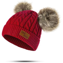 Woolen Beanie Hat for Toddlers 1-3 Years Red Double Pom Pom