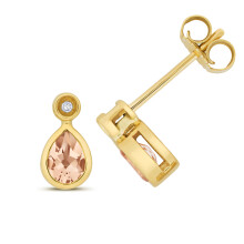 9ct Gold Ladies Diamond Stud Earrings Brilliant Cut with Morganite - 9mm*5mm