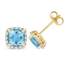 9ct Gold Ladies Diamond Stud Earrings Brilliant Cut 0.16 Carat with Blue Topaz - 8mm*8mm