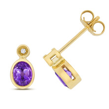 9ct Gold Ladies Diamond Stud Earrings Brilliant Cut with Amethyst - 9mm*5mm