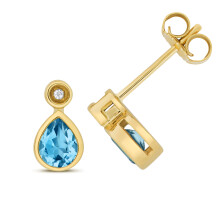 9ct Gold Ladies Diamond Stud Earrings Brilliant Cut with Blue Topaz - 9mm*5mm