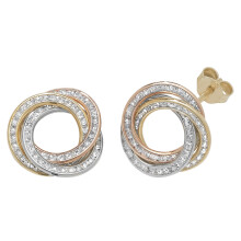 9ct 3 Colour Gold Ladies Stud Earrings with Cubic Zirconia/CZ - 14mm*14mm
