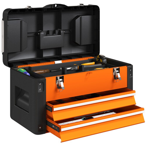 Steel Toolbox with Drawer, Portable Storage Case, Orange
