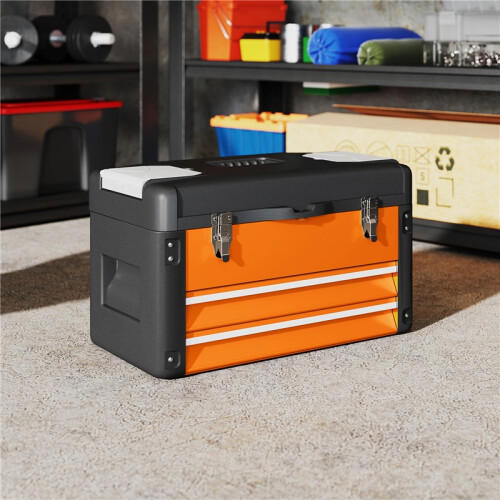 Steel Toolbox with Drawer, Portable Storage Case, Orange 2