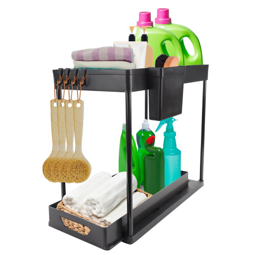 Kitchen Bathroom Organizer Black 2-Tier with Sliding Drawer