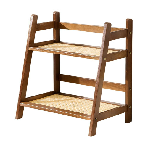 Wooden Rattan Double-Layer Desktop Storage Rack Brown