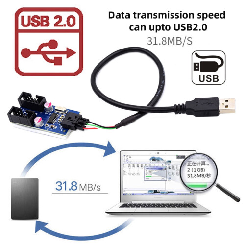 USB 2.0 Type-A to 9-pin Header Adapter Hub 2