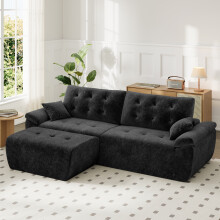 (With Footstool, Black) 275CM Chenille 4 Seater Sofa, Deep Cushioned Modular Sectional Couches
