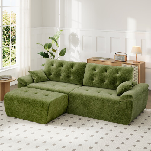 (With Footstool, Green) 275CM Chenille 4 Seater Sofa, Deep Cushioned Modular Sectional Couches