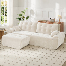 (With Footstool, Beige) 275CM Chenille 4 Seater Sofa, Deep Cushioned Modular Sectional Couches