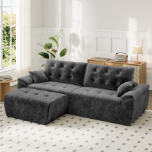 (With Footstool, Grey) 275CM Chenille 4 Seater Sofa, Deep Cushioned Modular Sectional Couches