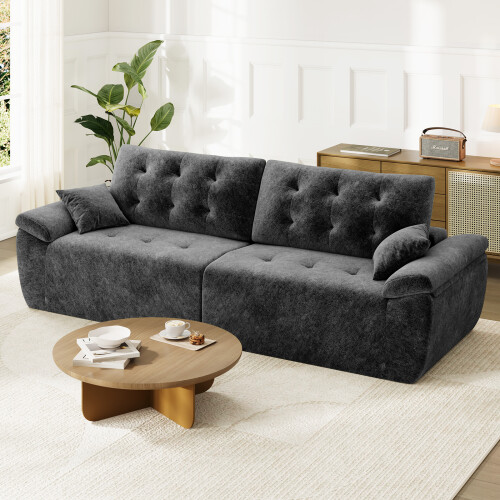 (Without Footstool, Grey) 275CM Chenille 4 Seater Sofa, Deep Cushioned Modular Sectional Couches