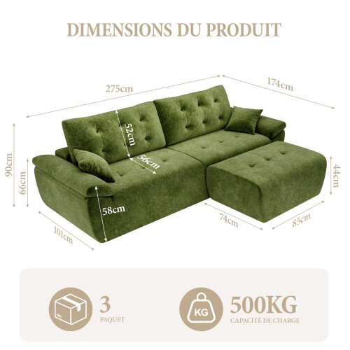 (With Footstool, Green) 275CM Chenille 4 Seater Sofa, Deep Cushioned Modular Sectional Couches 1