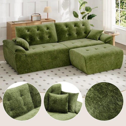 (With Footstool, Green) 275CM Chenille 4 Seater Sofa, Deep Cushioned Modular Sectional Couches 2