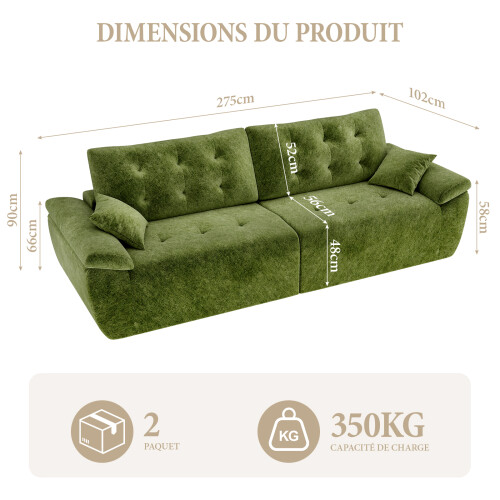 (Without Footstool, Green) 275CM Chenille 4 Seater Sofa, Deep Cushioned Modular Sectional Couches 1