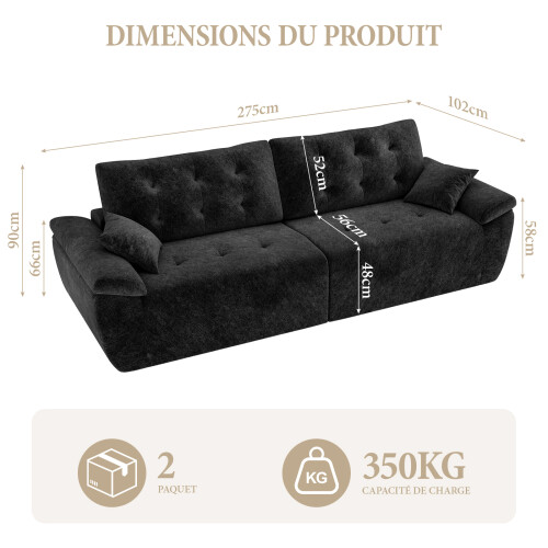 (Without Footstool, Black) 275CM Chenille 4 Seater Sofa, Deep Cushioned Modular Sectional Couches 1