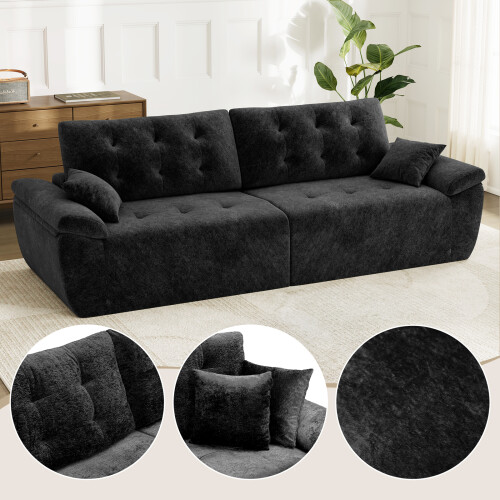 (Without Footstool, Black) 275CM Chenille 4 Seater Sofa, Deep Cushioned Modular Sectional Couches 2