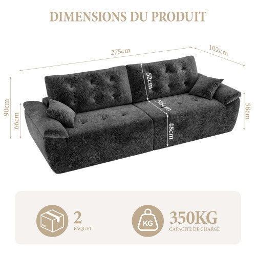 (Without Footstool, Grey) 275CM Chenille 4 Seater Sofa, Deep Cushioned Modular Sectional Couches 1