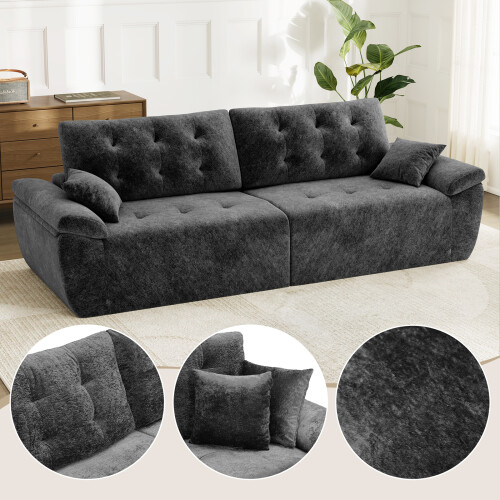 (Without Footstool, Grey) 275CM Chenille 4 Seater Sofa, Deep Cushioned Modular Sectional Couches 2