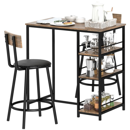 3-teiliges Bar-Set mit Tisch, 2 Stühlen und Ablagefächern, Schwarz 1
