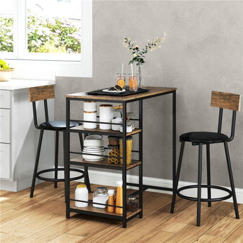 3-teiliges Bar-Set mit Tisch, 2 Stühlen und Ablagefächern, Schwarz 2