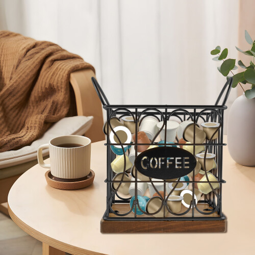 K-Cup Storage Organizer Wooden Base Metal Basket
