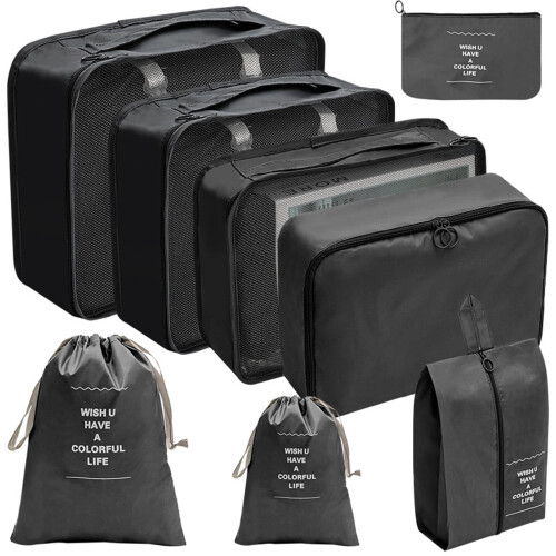 Luggage Organizer Bags Set Black 8-Piece Durable Mesh