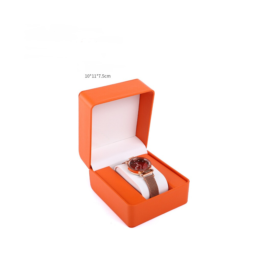 (Orange) Flip PU Leather Watch Box, Jewelry Storage and Gift Packaging