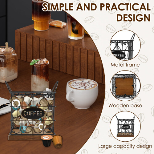 K-Cup Storage Organizer Wooden Base Metal Basket 2