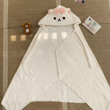 (White) Cute Bear Brother And Sister Poncho Coat with Hood Office Nap Cover Blanket Easy Bear Blanket Lightweight Soft Polyester