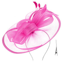 Fascinator Feather Flower Veil Hair Clip Hat For Women-Rose red