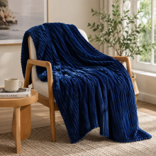 (Double, Navy Blue) Fluffy Fleece Throw Blanket Ribbed for Sofe & Bed Reversible Multi Sizes 350GSM