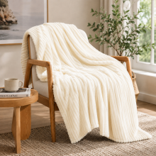 (Single, Cream) Fluffy Fleece Throw Blanket Ribbed for Sofe & Bed Reversible Multi Sizes 350GSM