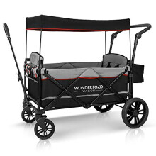 WONDERFOLD X2 2 Passenger Push Pull Twin Double Stroller Wagon with Adjustable Handle Bar, Removable Canopy, Safety Seats with 5-Point Harness (Black)