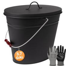 BLACK OAK Ash Bucket Vesuvio 3.7 GAL –black oval with lid & gloves –large 15L –fireproof galvanized steel & powder-coated ash & coal bucket