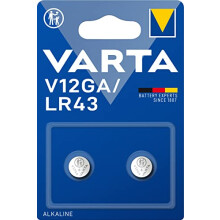 Varta V12GA / LR43 Alkaline Button Cell Batteries Pack of 2 in Original Blister Packagingc