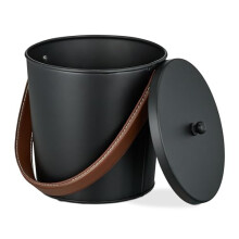 Relaxdays Ash Bucket, with Lid, 4.5 litres, Ash Bin with Leather Handle, for Coal & Ash, Fireplace, Stove, Black/Brown