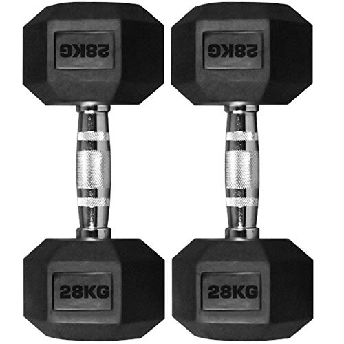 TnP 2 x 28KG Hex Dumbbells Rubber Encased Solid Weights Sets Hexagonal Hexa Dumbbell Set Gym