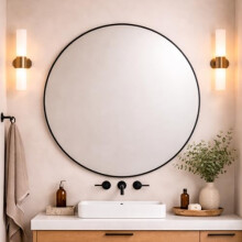 Round Metal Bathroom Mirror 110cm – Large Circular Wall Mounted Mirror – Modern Black Frame Vanity Mirror – Contemporary Bathroom, Toilet,